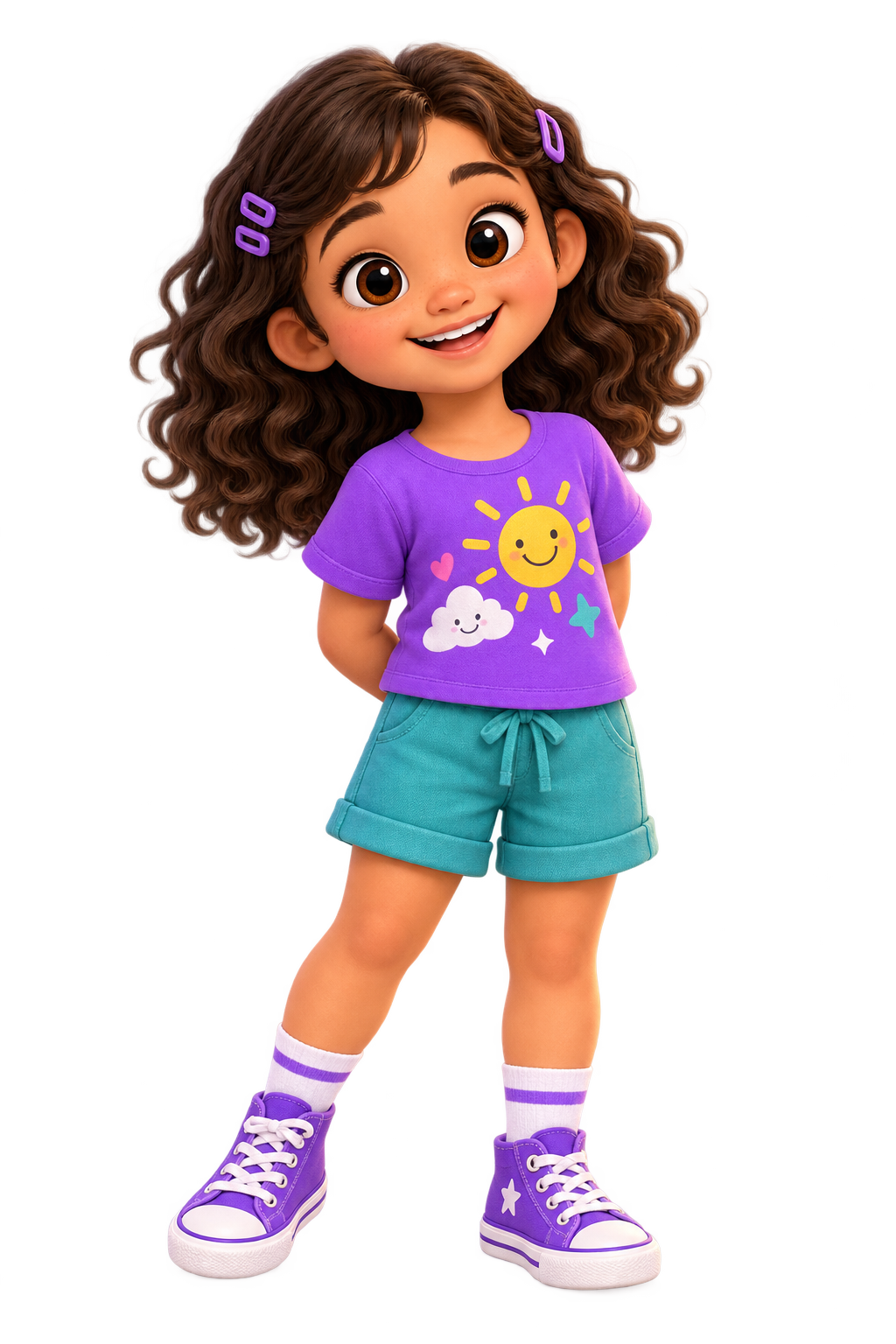 Seya smiles in her purple sun-and-cloud shirt, teal shorts, and purple sneakers