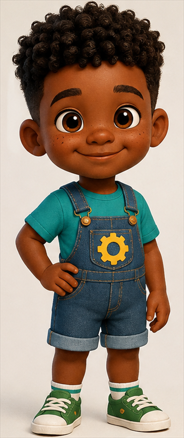 Theo, with black curls, freckles, a teal shirt, denim overalls with a yellow gear, and green sneakers