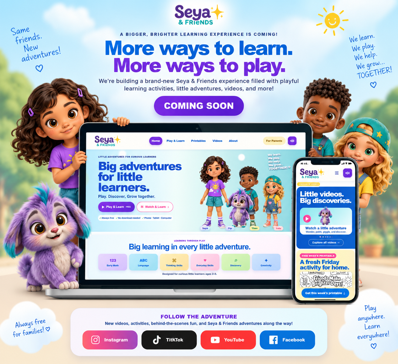 Seya, Pip, Theo, and Lulu welcome families to a new Seya and Friends adventure coming soon