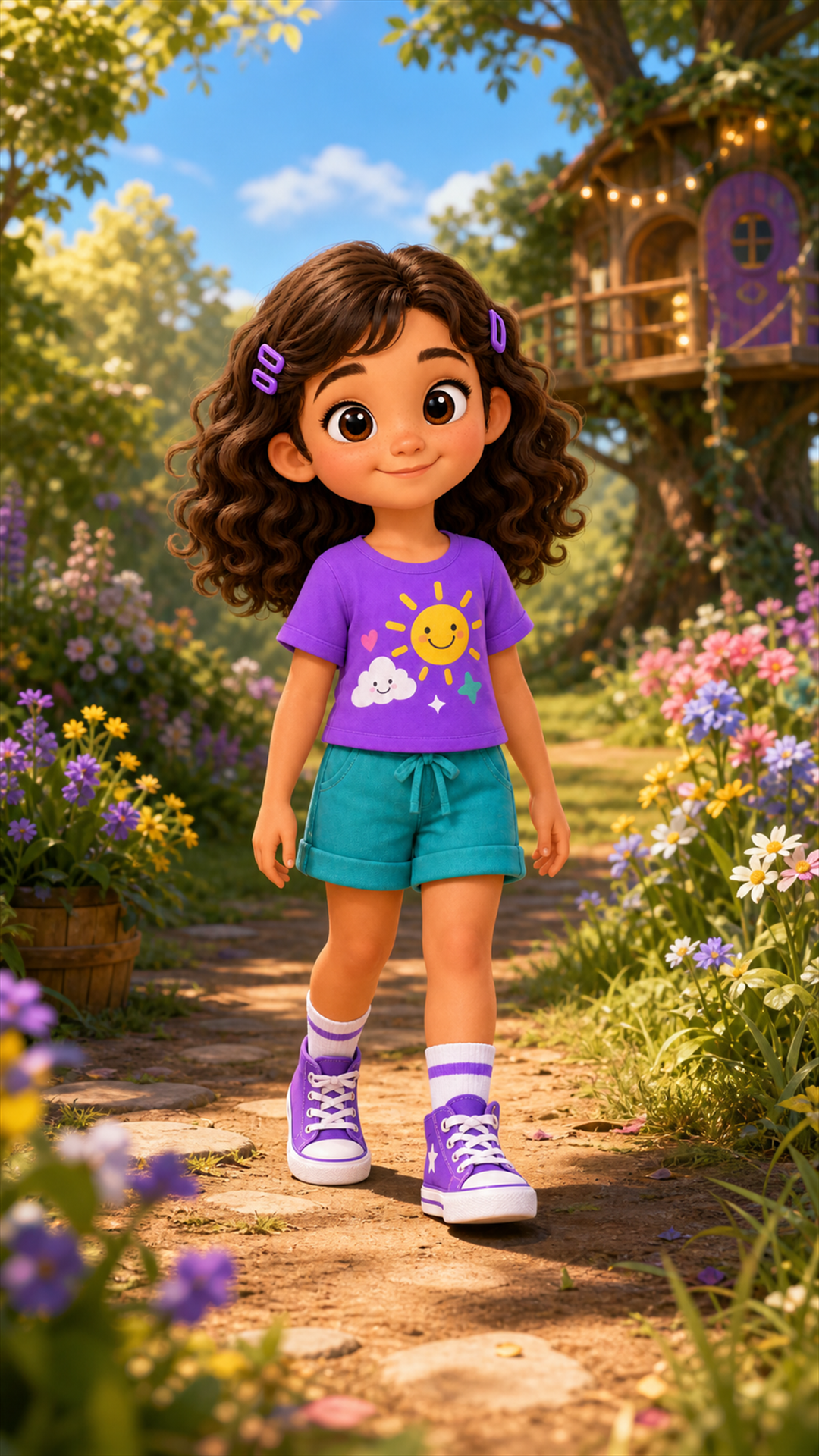 Seya smiles on a sunny garden path beside the Wonder Treehouse
